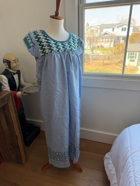 Light Blue Embroidered Maxi Dress with Green Accent